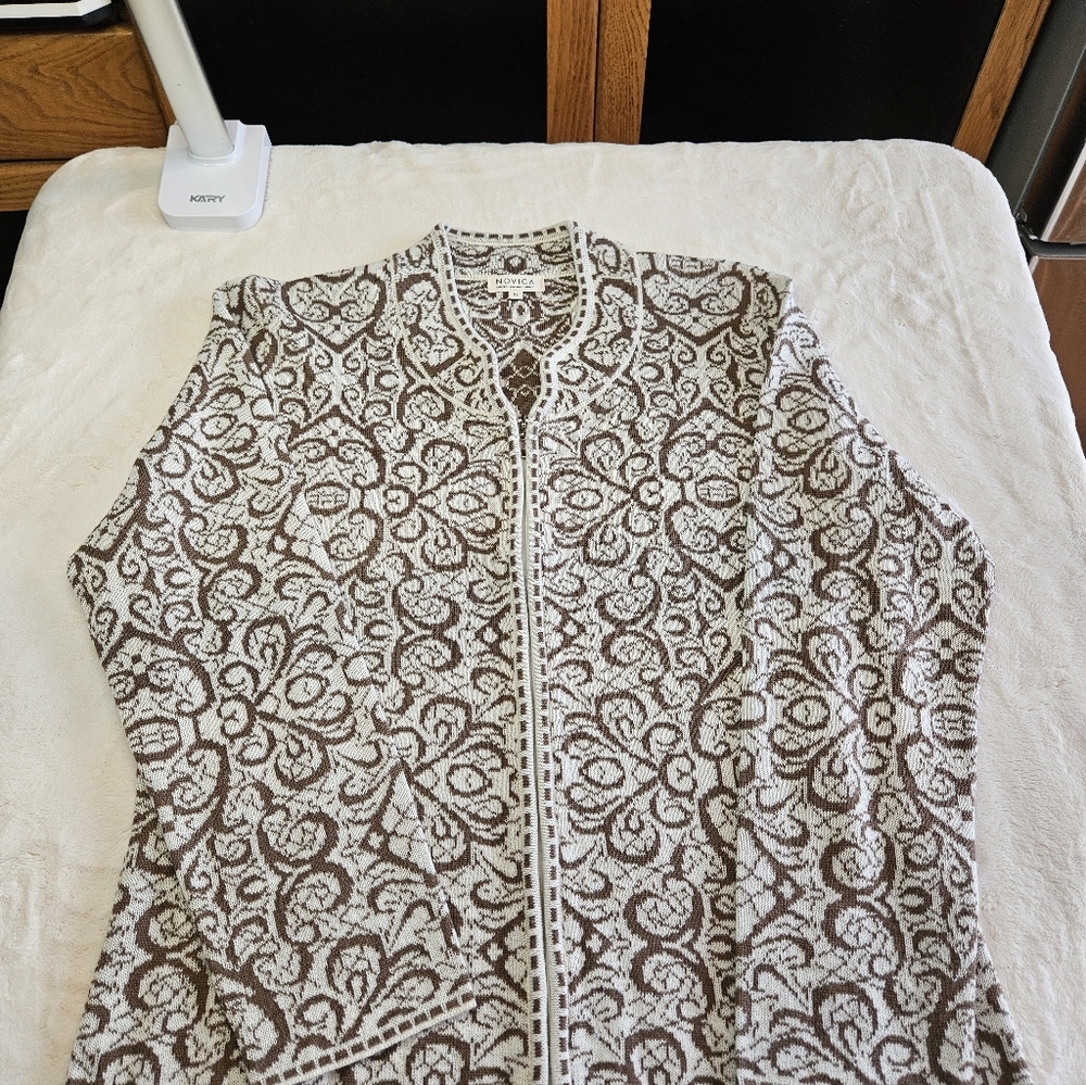 NOVICA Artisan Handmade Alpaca Blend Cardigan Jauja Wool Sweater Beige Womens XL